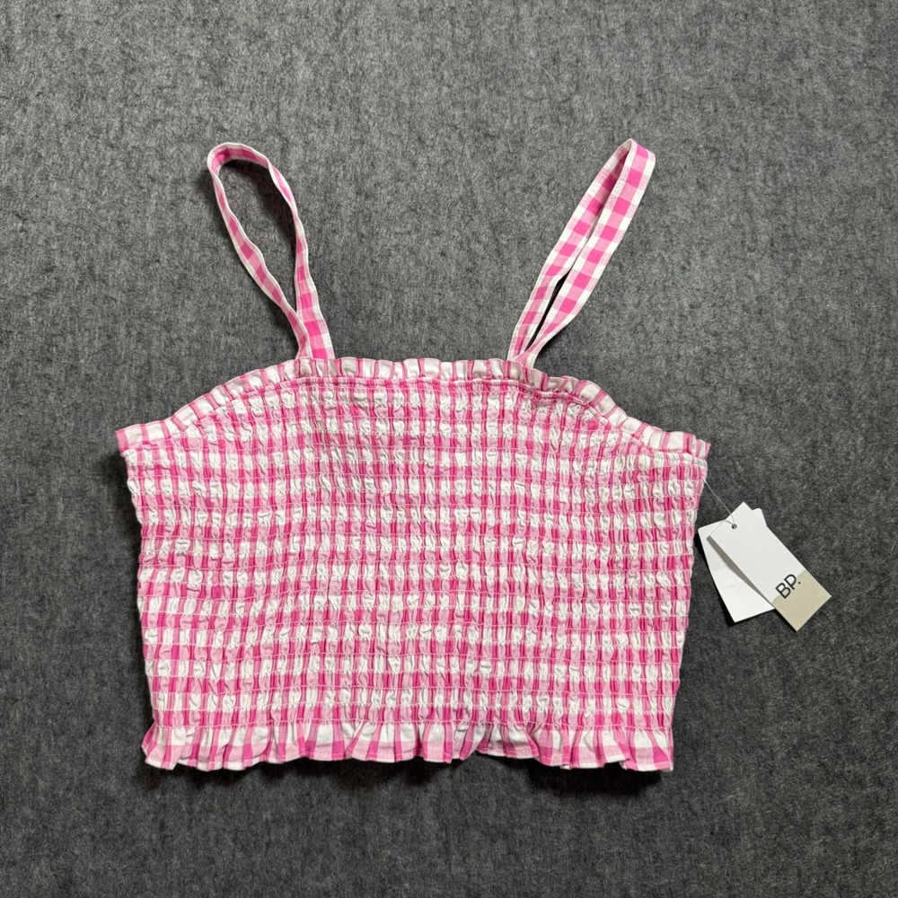 BP Nordstrom Pink Gingham Smocked Ruffle Crop Top Cami XS NEW